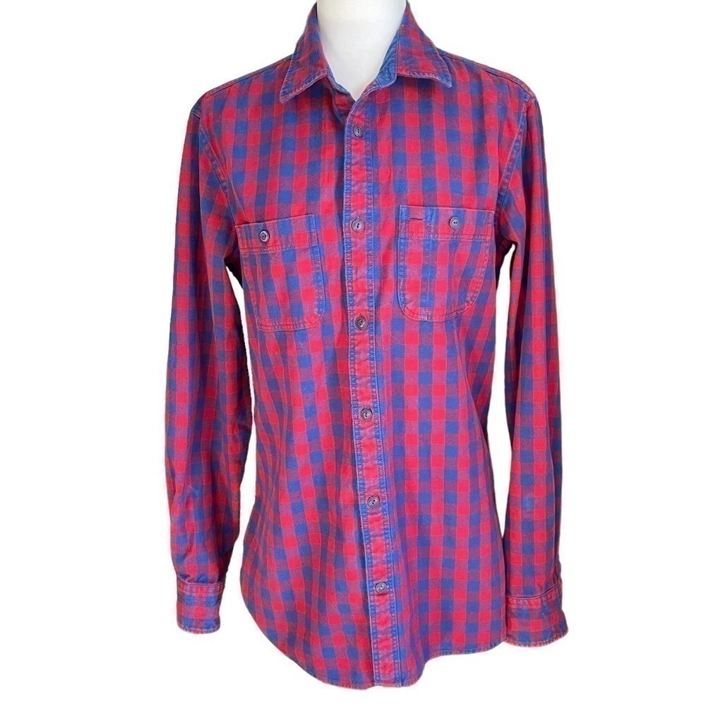 𝅺gap Buttoned-Up Long Sleeve Plaid Shirt Blue Red M